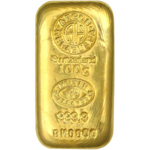 100 Gram Argor Heraeus Cast Gold Bar (New w/ Assay)