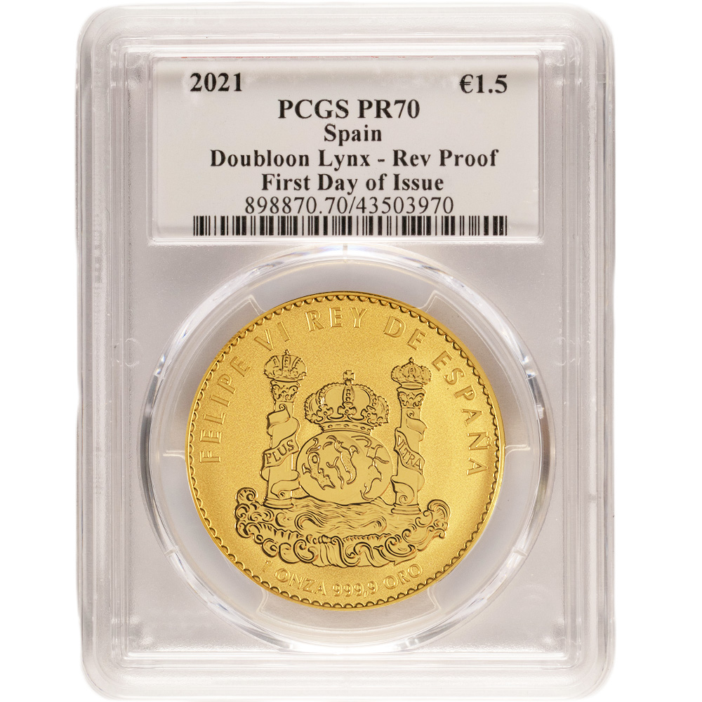 2021 1 oz Reverse Proof Royal Spanish Mint Iberian Lynx Gold Coin PCGS PR70 FDOI (2)