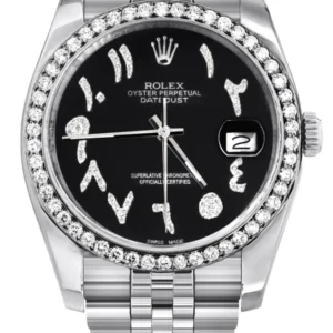 116200 | Hidden Clasp | Diamond Rolex Datejust Watch | 36Mm | Black Arabic Diamond Dial | Jubilee Band