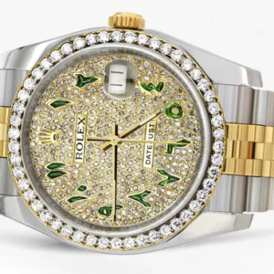 116233 | Hidden Clasp | Diamond Gold Rolex Watch For Men | 36Mm | Custom Green Arabic Full Diamond Dial | Jubilee Band