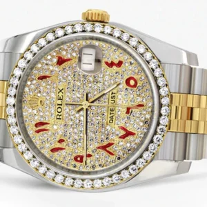 116233 | Hidden Clasp | Diamond Gold Rolex Watch For Men | 36Mm | Custom Red Arabic Full Diamond Dial | Jubilee Band