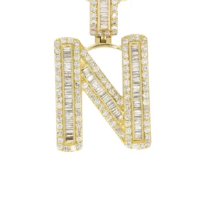 14K Yellow Gold Letter “N” Baguette Diamond Necklace | 2.1 Carats