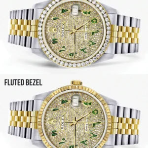 Diamond Gold Rolex Watch For Men 16233 | 36Mm | Custom Green Arabic Full Diamond Dial | Jubilee Band