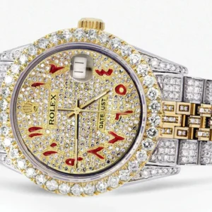 Iced Out Rolex Datejust 36 MM | Two Tone | 10 Carats of Diamonds | Full Diamond Red Arabic Dial