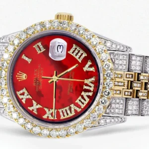 Iced Out Rolex Datejust 36 MM | Two Tone | 10 Carats of Diamonds | Red Mother of Pearl Roman Diamond Dial