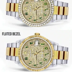 Diamond Gold Rolex Watch For Men 16233 | 36Mm | Custom Green Arabic Full Diamond Dial | Oyster Band