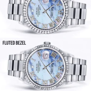 Diamond Mens Rolex Datejust Watch 16200 | 36Mm | Blue Mother Of Pearl Roman Numeral Dial | Oyster Band