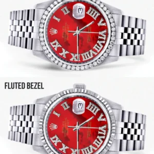 Diamond Mens Rolex Datejust Watch 16200 | 36Mm | Diamond Red Mother Of Pearl Roman Numeral Dial | Jubilee Band