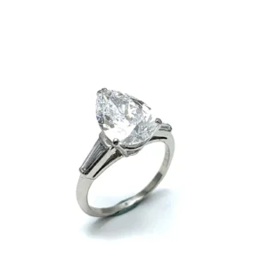 3.14 Carat D SI1 Pear Shape Diamond and Baguette Diamond Platinum Ring