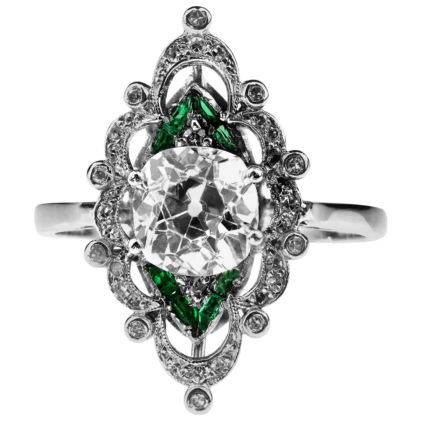 Antique-Edwardian-Old-Cut-Cushion-Diamond-2.0cts-Emerald-Ring-in-Platinum-1.webp