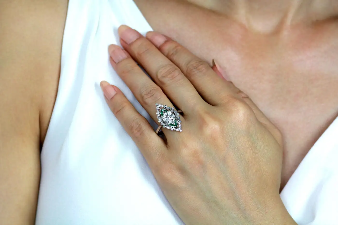 Antique-Edwardian-Old-Cut-Cushion-Diamond-2.0cts-Emerald-Ring-in-Platinum-2.webp