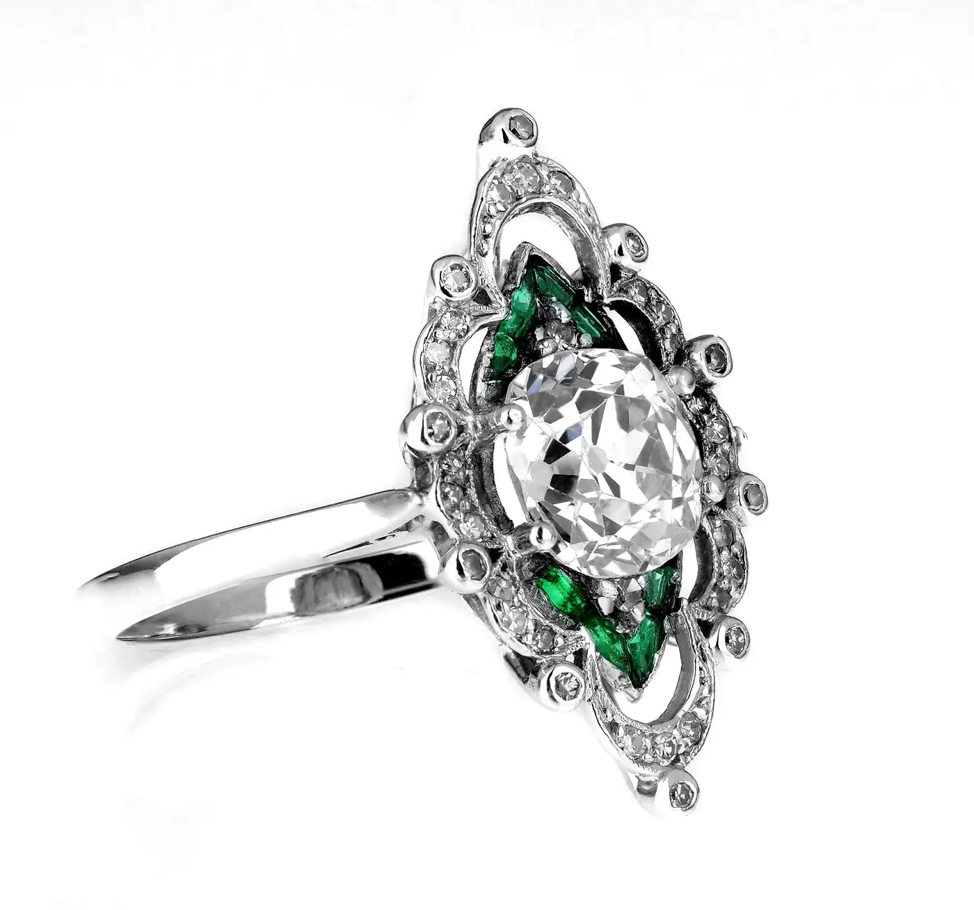 Antique-Edwardian-Old-Cut-Cushion-Diamond-2.0cts-Emerald-Ring-in-Platinum-6.webp