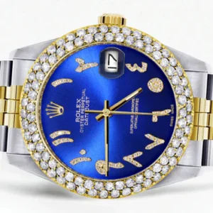 Diamond Gold Rolex Watch For Men 16233 | 36Mm | Blue Arabic Diamond Dial | Two Row 4.25 Carat Bezel | Jubilee Band