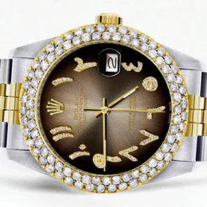 Diamond Gold Rolex Watch For Men 16233 | 36Mm | Brown Arabic Diamond Dial | Two Row 4.25 Carat Bezel | Jubilee Band