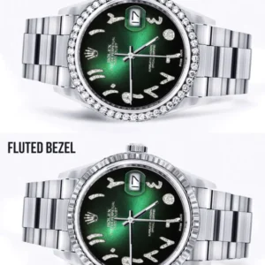 Diamond Mens Rolex Datejust Watch 16200 | 36Mm | Green Black Arabic Diamond Dial | Oyster Band