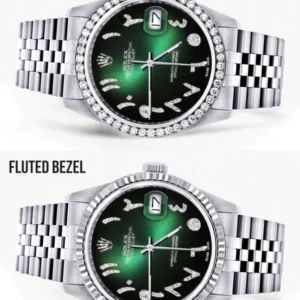 Diamond Mens Rolex Datejust Watch 16200 | 36Mm | Green Black Arabic Diamond Dial | Jubilee Band