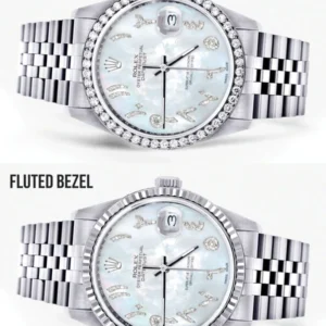 Diamond Mens Rolex Datejust Watch 16200 | 36Mm | Mother of Pearl Arabic Diamond Dial | Jubilee Band