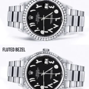 Diamond Mens Rolex Datejust Watch 16200 | 36Mm | Black Arabic Diamond Dial | Oyster Band