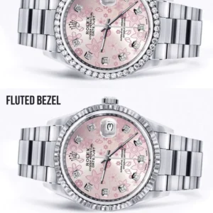 Diamond Mens Rolex Datejust Watch 16200 | 36MM | Pink Flower Diamond Dial | Oyster Band