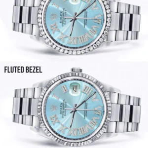 Diamond Mens Rolex Datejust Watch 16200 | 36Mm | Light Blue Roman Numeral Dial | Oyster Band