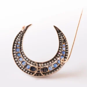 French Napoleon 3 Antique Crescent Moon Sapphire Diamond Brooch