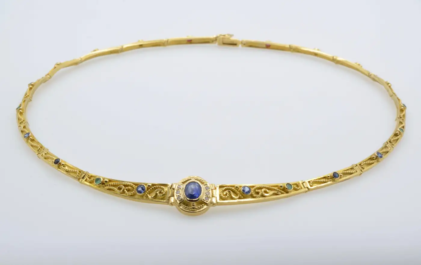 Gold-Greek-Collar-18K-and-Sapphires-Necklace-Articulate-Links-1.webp