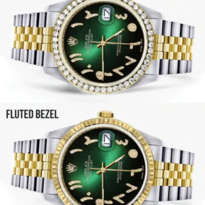 Gold & Steel Rolex Datejust Watch 16233 for Men | 36Mm | Green Black Arabic Diamond Dial | Jubilee Band