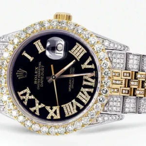 Iced Out Rolex Datejust 36 MM | Two Tone | 10 Carats of Diamonds | Black Roman Diamond Dial