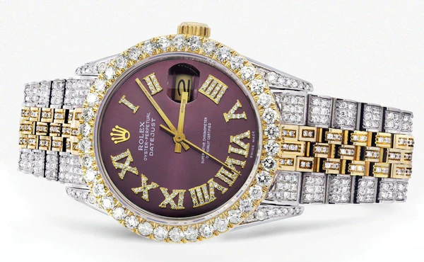 Iced-Out-Rolex-Datejust-36-MM-Two-Tone-10-Carats-of-Diamonds-Burgandy-Roman-Diamond-Dial2.webp