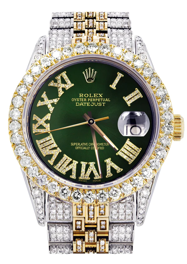 Iced-Out-Rolex-Datejust-36-MM-Two-Tone-10-Carats-of-Diamonds-Green-Roman-Diamond-Dial-1.webp