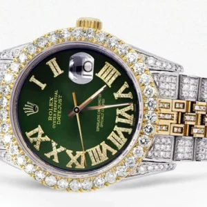 Iced Out Rolex Datejust 36 MM | Two Tone | 10 Carats of Diamonds | Green Roman Diamond Dial