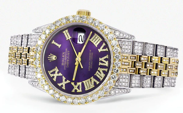 Iced-Out-Rolex-Datejust-36-MM-Two-Tone-10-Carats-of-Diamonds-Purple-Roman-Diamond-Dial-2.webp