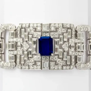 Important Wide Art Deco Diamond and Sapphire Bracelet