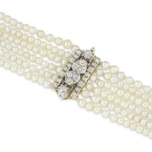 Late Georgian Six-Row Natural Pearl and Diamond Collar Necklace