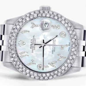 Mens Rolex Datejust Watch 16200 | 36Mm | Mother of Pearl Arabic Diamond Dial | Two Row 4.25 Carat Bezel | Jubilee Band