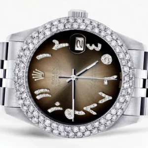 Mens Rolex Datejust Watch 16200 | 36Mm | Brown Arabic Diamond Dial | Two Row 4.25 Carat Bezel | Jubilee Band