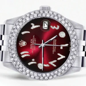 Mens Rolex Datejust Watch 16200 | 36Mm | Red Black Arabic Diamond Dial | Two Row 4.25 Carat Bezel | Jubilee Band