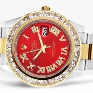 Diamond Rolex Datejust 2 | 18K Yellow Gold and Stainless Steel | Red Diamond Roman Numeral Dial | 41 Mm | 7.75 Carats