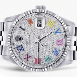 Mens Rolex Datejust Watch 16200 | Fluted Bezel | 36Mm | Colored Roman Diamond Dial | Jubilee Band