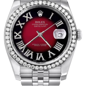 116200 | Hidden Clasp | Diamond Rolex Datejust Watch | 36Mm | Diamond Red Roman Numeral Dial | Jubilee Band