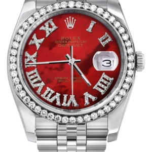 116200 | Hidden Clasp | Diamond Rolex Datejust Watch | 36Mm | Diamond Red Mother Of Pearl Roman Numeral Dial | Jubilee Band