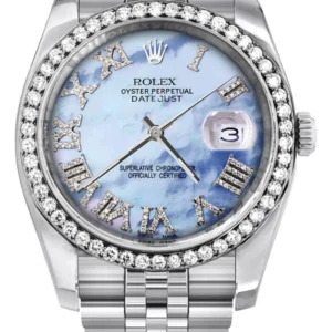 116200 | Hidden Clasp | Diamond Rolex Datejust Watch | 36Mm | Blue Mother Of Pearl Roman Numeral Dial | Jubilee Band