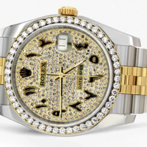 116233 | Hidden Clasp | Diamond Gold Rolex Watch For Men | 36Mm | Black Arabic Full Diamond Dial | Jubilee Band