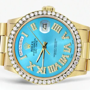 Rolex Day-Date | Presidential | Model 18238 | 18K Yellow Gold | Diamond Bezel | Light Blue Diamond Roman DIal