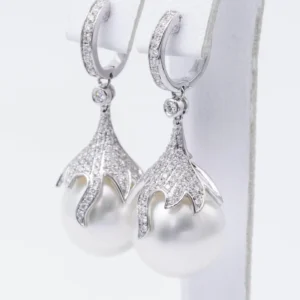 South Sea Pearl Diamond Drop Earrings 0.73 Carats 12-13 MM 18K White Gold