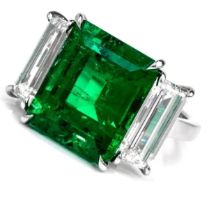 Three-Stone Rectangular Emerald Diamond Platinum Ring