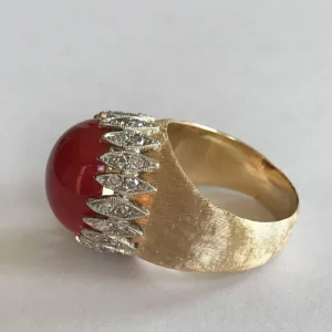 Vintage Italian Red Coral Diamond Yellow Gold Ring