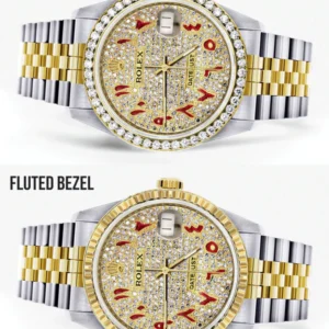 Womens Gold Rolex Watch 16233 | 36Mm | Custom Red Arabic Full Diamond Dial | Jubilee Band