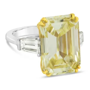 Yellow Emerald Cut Diamond Three-Stone Engagement Ring GIA Certified 14.54 Carat