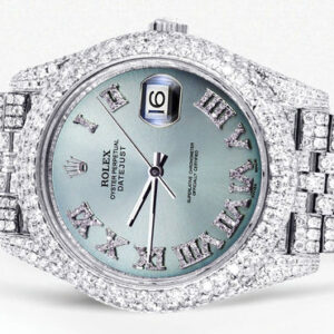 Diamond Iced Out Rolex Datejust 41 | 25 Carats Of Diamonds | Custom Teal Roman Diamond Dial | Two Row | Jubilee Band